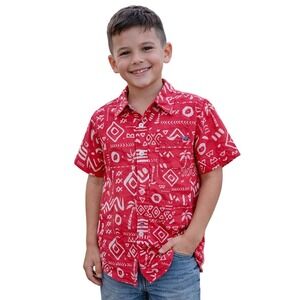 Tommy Bahama Boys Hawaiian Shirt Size 10/12 Fucsia Tropical Print Button Up